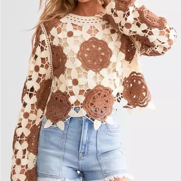 Rebellion Tops - Rebellion Brown and Cream Crochet Women’s Top